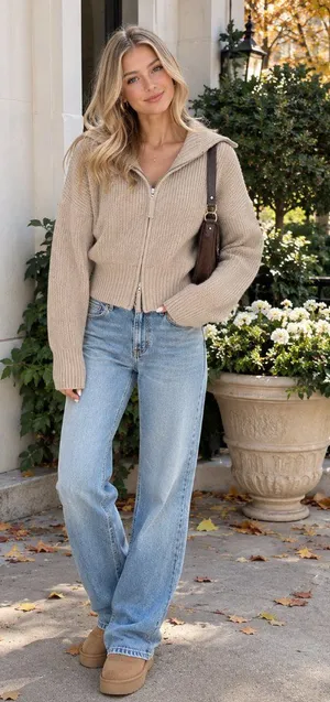Zenana Beige Ribbed Knit Two Way Zip Up Sweater Jacket Oversized Collar Cardigan thumbnail 1