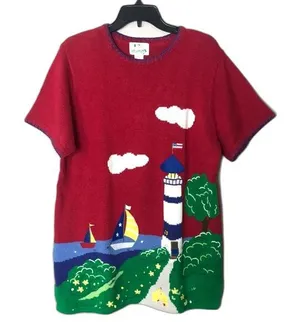 Quacker Factory VTG nautical sailboat lighthouse embroidered pullover sweater top thumbnail 1