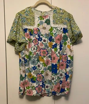 Blue and Pink Boxy Bib Collar Blouse thumbnail 1