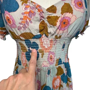 Angie Floral Smocked Boho Mini Dress Medium Cottage Indie Retro Rayon Festival thumbnail 9