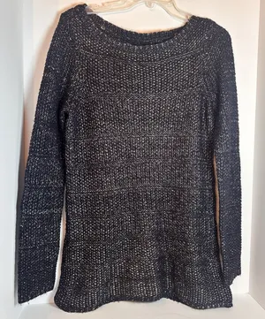 White House Black Market Sweater Striped Metallic Gold Silver Threads Size S thumbnail 1
