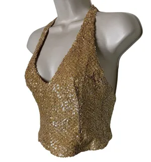 Vintage Y2K Handmade Luxury Gold Sequin Halter neck crop top sz XS thumbnail 2