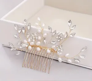 Gold Bridal Hair Comb with White Pearls and Clear Crystals thumbnail 1