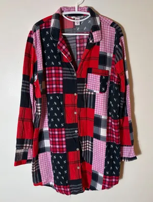 Victoria's Secret‎ Patchwork Plaid Sleep Shirt Button Front Size Medium thumbnail 1