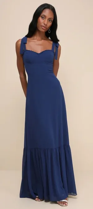 NEW Lulu’s Truly Gorgeous Dark Blue Ruffled Bustier Tie-Strap Maxi Dress XS NWT thumbnail 1