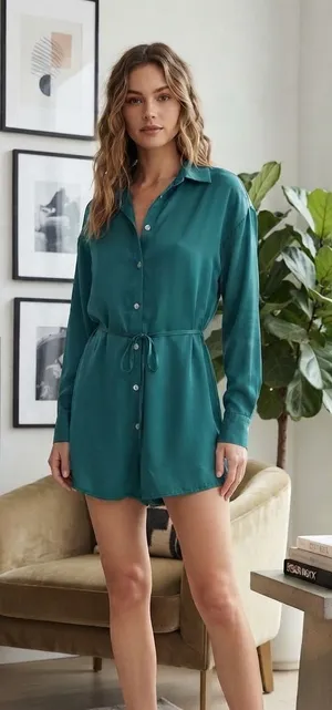 Teal Button-Front Tie-Waist Romper thumbnail 1