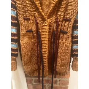 Vintage X-RATED Handknit Statement Cardigan Striped Sleeves Belted M thumbnail 14