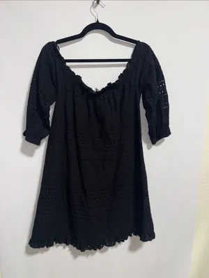 Zara‎ Basic Black Eyelet Embroidery Ruffle Mini Dress Small Boho Puff Sleeve thumbnail 5