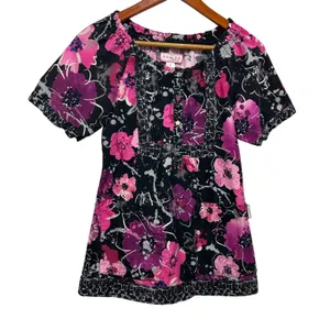 Koi Womens‎ Scrub Top S Black Pink Cottage Floral Nurse Medical Uniform Pockets thumbnail 1