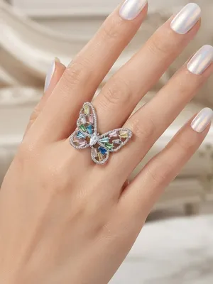 Adjustable Colorful Butterfly Ring Silver Plated Multi CZ Crystal Statement Jewe thumbnail 1