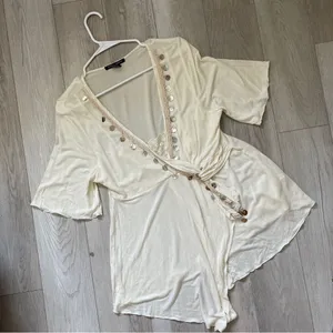 Boston Proper V Neck Sequined Top Cream (Large) y2k boho hippie half sleeve thumbnail 1