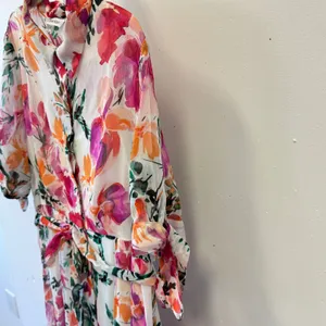 Calvin Klein Floral Midi Shirtdress Pink‎ Orange Watercolor Button Front Size 16 thumbnail 5