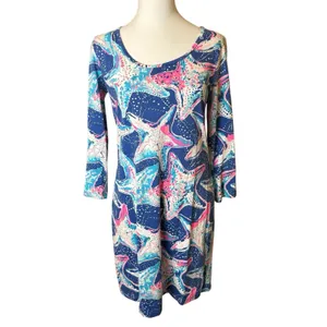 Lilly Pulitzer Cotton Beacon Dress Indigo‎ Star Struck Blue Pink Starfish Small thumbnail 5