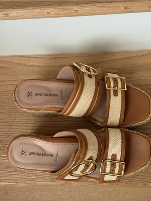 Wedge Slide Sandal in Tan and Cream with Buckle thumbnail 4