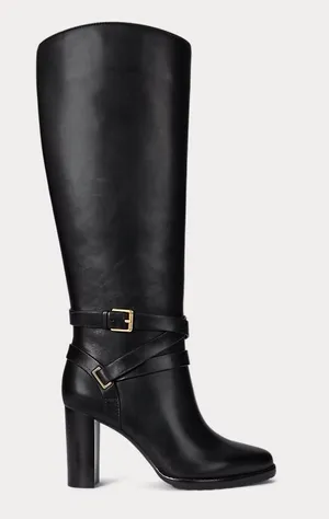 Lauren Ralph Lauren Collins Black Burnished Leather Tall Boot Heel, Size 11, NEW thumbnail 1