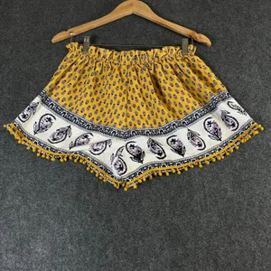 About A Girl Mustard Yellow Paisley Pom Pom Trim Boho Shorts Large 34HD0411TRM thumbnail 7