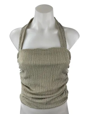 NEW Zara Women's Green Textured Sleeveless Halter Neck Slim Fit Crop Tank Top L thumbnail 1