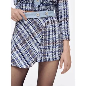 ZARA Mini Skirt Tweed Denim‎ Waist Women XL Blue White Plaid Wrap NWT thumbnail 11