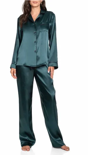 Dark Green Satin Long Pajama Set Size L thumbnail 1