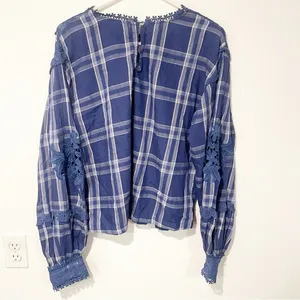 Free People Size Small Darling Diane Lace Top Blue White Flannel Plaid thumbnail 7