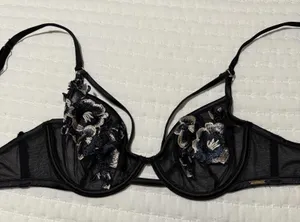 Bluebella Mesh Floral Cage Bra Black Blue Size 32C Strappy Flower Applique thumbnail 1