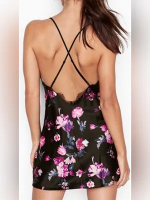 Victoria’s Secret Floral Satin Slip Chemise XL Lace Babydoll Lingerie Dress thumbnail 2
