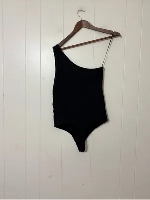 Abercrombie & Fitch One Shoulder Ribbed Bodysuit Black Cutout Sz L Soft Seamless thumbnail 5