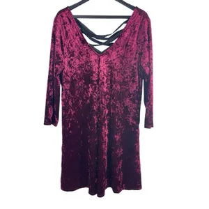 A Byer 90s Y2K Burgundy Crushed Velvet Black Tie Up Back V-neck Dress L Holiday thumbnail 4
