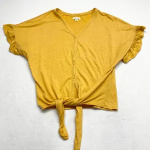 Max Studio Tie Front Ruffle Sleeve Top Women L Yellow Button Up Slub Knit Size L thumbnail 1