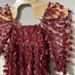 Storia Women's Size Small Square Neck Babydoll Red Floral Appliqué Mini Dress‎ thumbnail 2