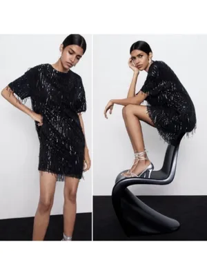 Zara Black sequin fringe mini dress with silver sequins, size L #party #glam thumbnail 2