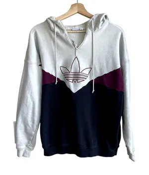 Adidas vintage retro colorblock beige navy burgundy pullover hoodie women's M thumbnail 1