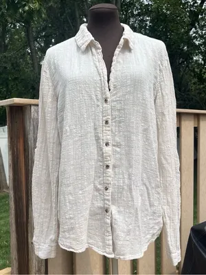 Wearables XCVI Cream Beige 100% Cotton Gauze Roll Tab Sleeve Button Down Shirt M thumbnail 1