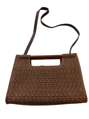 Fossil 75082 Brown Woven Raffia Tote Wood Handle Crossbody Bag One Size Women's thumbnail 7
