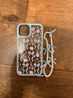 iPhone 14 EUC Floral Bow Phone Case with Pearl Bracelet Accessory thumbnail 1