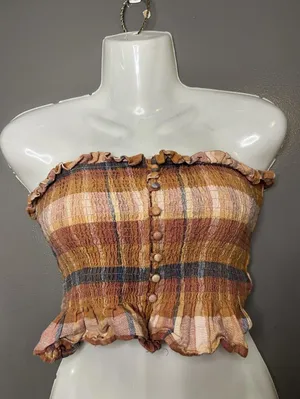 American Eagle Outfitters Tank Top Womens Small Plaid Smocked Strapless Crop thumbnail 1