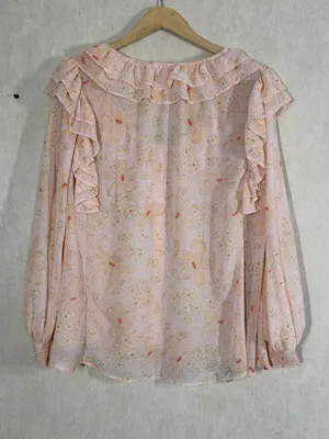 Free People Women’s Cherry Bright Blouse Top Ruffle Neck Sheer in Floral Peach M thumbnail 5