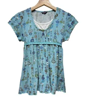 Y2K Babydoll Top XS Floral Milkmaid Boho Fairy Grunge Blue Coquette Short Sleeve thumbnail 1