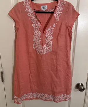 HIHO Tortola Women's Coral 100% Linen White Embroidered Beach Dress Sz. SMALL thumbnail 1
