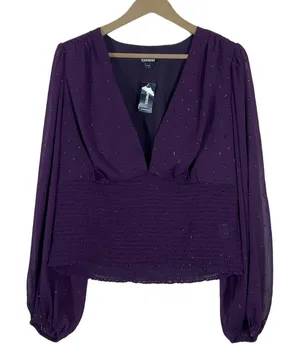 NWT Express Smocked Metallic Clip Dot Blouse Purple Whimsigoth V-Neck Size XL thumbnail 1