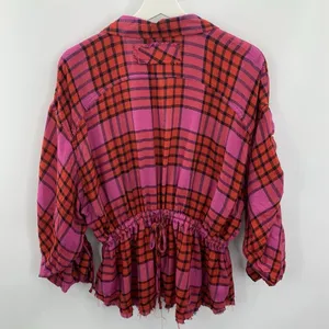 Anthro‎ We The Free People Size XS Shirt Pacific Dawn Red Pink Plaid Ruched NEW thumbnail 12