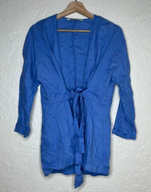 Zara Women Blue 100% Linen Tie Front Blazer Jacket V-Neck Long Sleeve Size Small thumbnail 1
