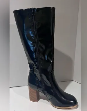 Leila Stone Vegan Black Patent Leather Cynira Knee-High Boots Block Heel Size 10 thumbnail 10