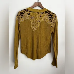 Free People Eazy Breezy Henley Lace Knit Thermal Long Sleeve Top S thumbnail 3