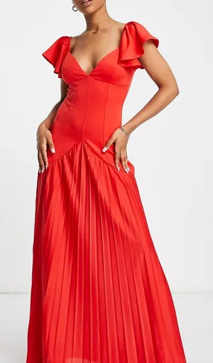 ASOS DESIGN ruffle sleeve seamed pleated maxi dress in red thumbnail 1