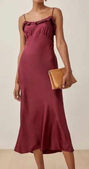 Reformation S Aribella Dress 100% Silk Ruffle Sleeveless Midi Bias Cut Burgundy thumbnail 1