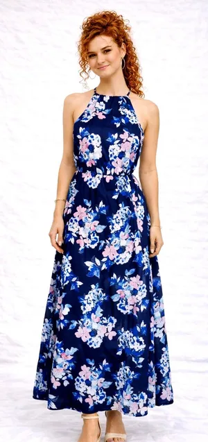 Floral Halter Neck Split Maxi Dress In Navy By Miss Floral L thumbnail 1