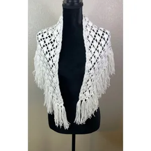 Womens Handmade OS Crochet Shawl White Fringe Open Knit Shell Stitch Wrap Boho thumbnail 2