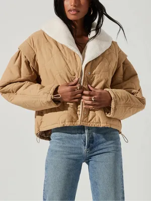 ASTR The Label Nadine Quilted Faux Shearling Jacket Tan Size Medium thumbnail 2