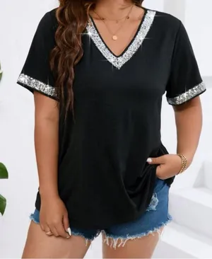 NWT Plus Size Sequin V Neck Blouse, size XL Black thumbnail 4